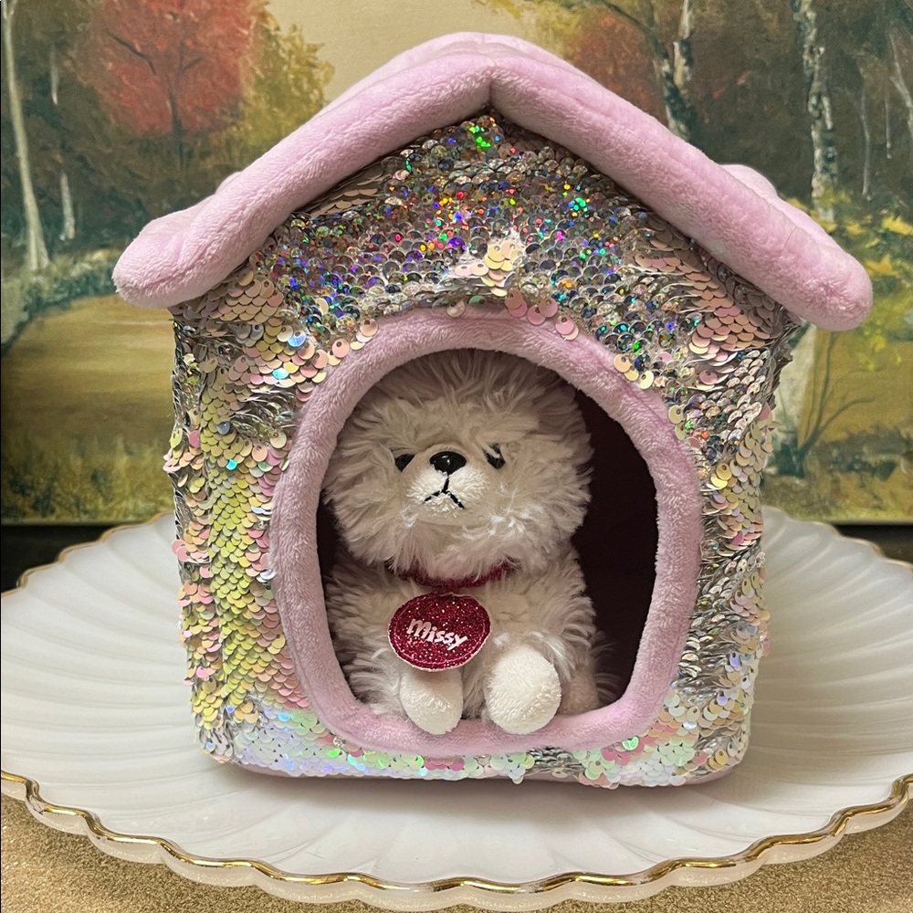 Sequin Plush Dog House with Puppy • Limited Edition